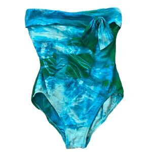 Vintage Christian Dior One Piece Swimsuit Blue Green Tie Dye Bow Strapless RARE